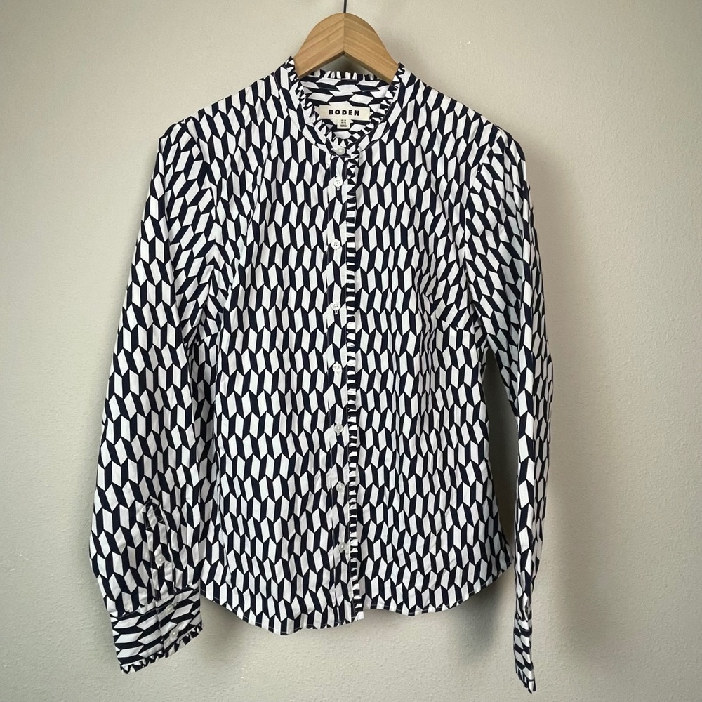 BODEN Geometric Button‎ Up Long Sleeve Shirt Top Womens Size US 10 Navy White